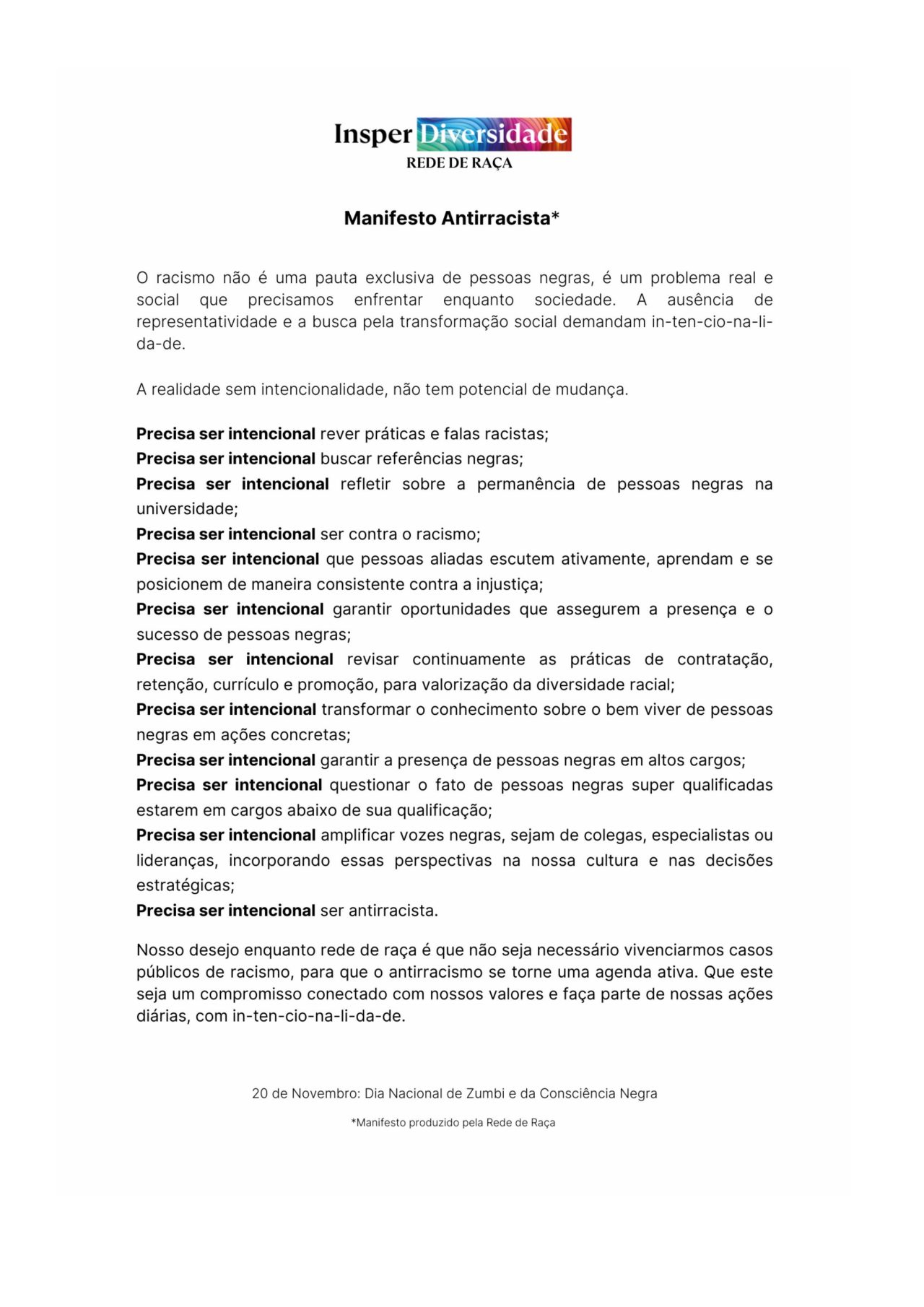 Manifesto Antifascista elaborado pelos integrantes da Rede de Raça
